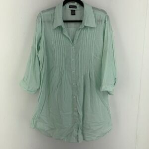 Cotton‎ Express Pin Tuck Button Front Tunic Top 3X Roll Tab Coastal Relaxed
